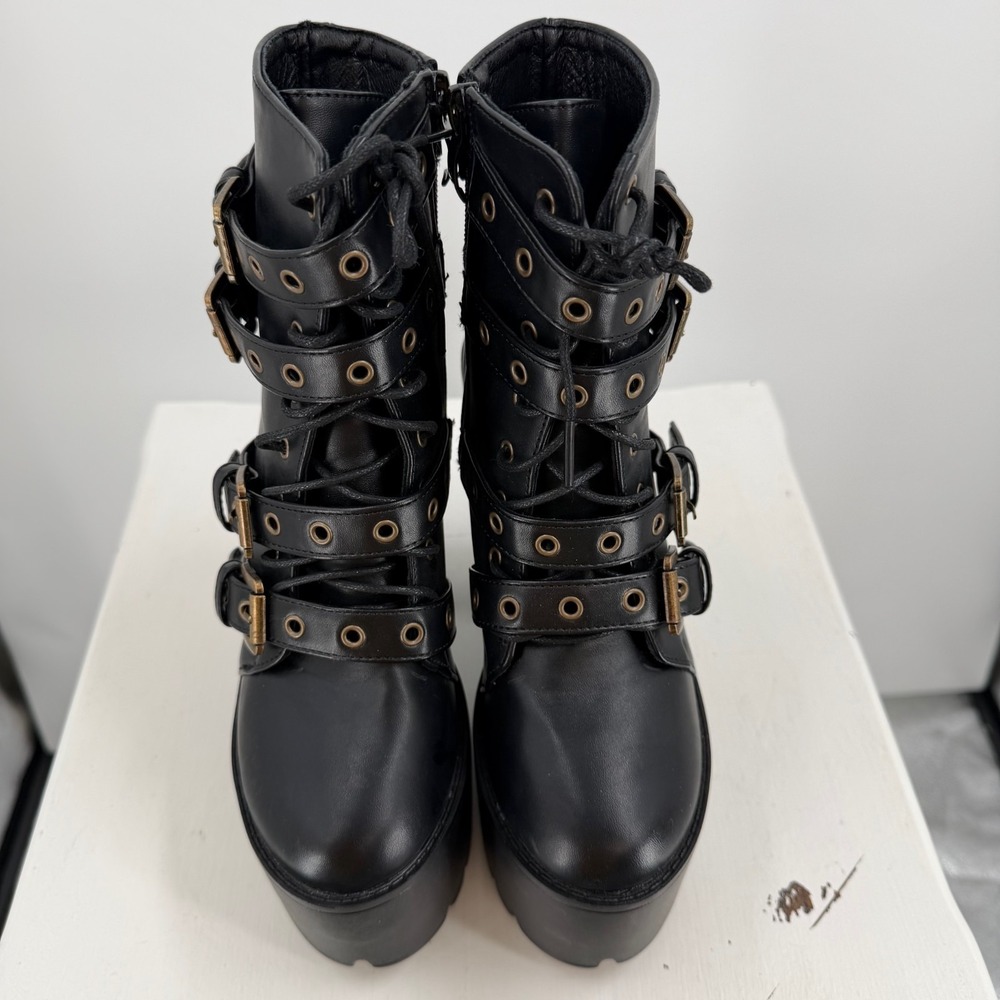 Womens Size 6 Black Platform Boots Goth Punk Buckle Strap Chunky Heel - Picture 2 of 16